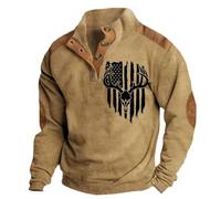 1/4 Button Sweatshirt Men, Usa Patriotic Clothing Tops 3D American Flag Print Winter Activewear Stand Collar Tracksuit Top With Elbow Patches Long Sleeve Leisure Fashion Retro Sweatshirt Coffee