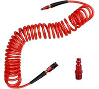 1/4 in x 25 ft Polyurethane Recoil Air Hose with Bend Restrictors Compressor Hose with 1/4" Industrial Universal Quick Coupler and I/M Plug Kit, Red