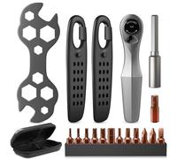 1/4 Inch Ratchet Wrench Set Bicycle Tool Mini Ratchet Set with 13 Bits, Extension Rod, Tyre Lever, Hex Flower Wrench for On the Go