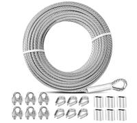 1/4 Stainless Steel Cable, 75ft Wire Rope, 7X19 Strands Aircraft Cable with M6 Wire Rope Clamps and Thimble, for Yard Zipline, Outdoor Deck Railing, Boat Lifts, 6400lbs Breaking Strength