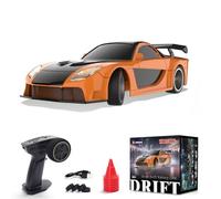 1/43 2.4G RC Electric Mini Racing Drift Car Model with Lights Kit, 4WD High Simulation Car Shell, USB Rechargeable, with 8 Traffic Cones and Extra Drift Tires for RC Enthusiasts, Kuroma Orange-RTR