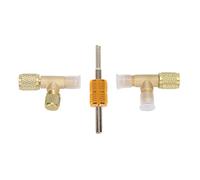1/4in Valves Core Brass Tee Adapter, Quick Coupler Access Tee Fittings for R22 R12 R134 Refrigerant, 3 Port Connector with Valve Core Wrench and Air Release Valve, HVAC Tool for Ai