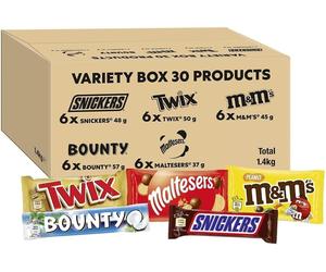 1.4kg Mixed Bulk Chocolate Box, M&M's, Snickers, Twix & More, 30 x Chocolate Bar