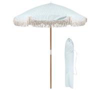 Harbour Housewares Wooden Garden Parasol with Tassel Fringe - 1.4M - Pastel Blue Stripe, Blue