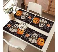 1/4pcs Halloween Placemats Set, Daisy Pumpkin Black Cat Bat Print Table Mats 12x18in, Washable Dining Table Decor for Kitchen Indoor Outdoor Halloween Decoration (4pcs)