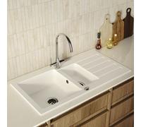 1.5 Bowl White Inset Composite Kitchen Sink and Reversible Drainer with Chrome Dual Lever kitchen Tap Set - Enza