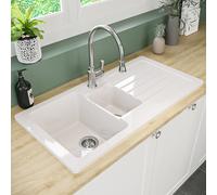 1.5 Bowl White Reversible Ceramic Inset Kitchen Sink with Pull Out Kitchen Mixer Tap Set - Taylor & Moore