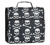 1.5 Inch 3 Rings Zippered Binder Bag with Shoulder Strap Easy to Carry Documents Files Storage Bag Suitable for Middle School Skulls and Bones in A Black and White Color Scheme