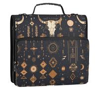 1.5 Inch 3 Rings Zippered Binder Bag with Shoulder Strap Easy to Carry Zippered Portfolio for Middle Student Ethereal Boho Seamless Pattern with Rose Gold Bull Skull and Line Art Shapes