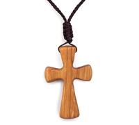 1.5 Inch Hand Carved Tapered Olive Wood Cross Necklace for Men & Women with Adjustable Cord, Handcrafted Christian Pendant, Wooden Faith Cross for Car Mirror, or Gift - Ideal for Church & Home