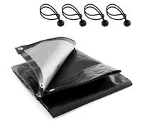 1.5 x 2 m Heavy-Duty Waterproof Black Tarpaulin 235 GSM with 4 Ball Bungees - Cover with Rubber-Reinforced Corners, Heat-Sealed Seams, Aluminium Grommets - Outdoor Sheet for Camping, Garden, Roof