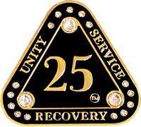 (1-55 Years) AA 25-Year "Midnight Crystals" Triangle Coin - Alcoholics Anonymous Medallion, AA Sobriety Medallion, Triangular Sobriety Chip, Clear Crystals, Golden, Black Rainbow Glitter