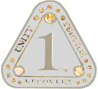(1-55 Years) AA 25 Year Triangle Medallion, Alcoholics Anonymous Sobriety Coin, Silver and White with Clear Crystals, (AA 25 Year White Triangle Medallion)