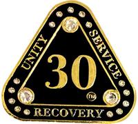 (1-55 Years) AA 30-Year "Midnight Crystals" Triangle Coin - Alcoholics Anonymous Medallion, AA Sobriety Medallion, Triangular Sobriety Chip, Clear Crystals, Golden, Black Rainbow Glitter