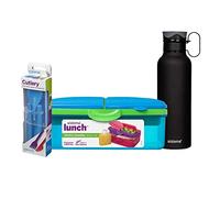 1.5L 1.5 Litre 50.7oz Blue Slimline Quaddie Lunchbox, Cutlery Set & 600ml Stainless Steel Insulated Drinks Bottle - Phthalate & BPA Free.
