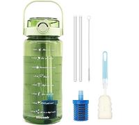1.5L Filtered Water Bottle with One Filter 49oz ,Green Fitness Hydration Water Bottles with Straw & Time Marker, Leak Proof Sports Water Mug with Handle -BPA Free-For Yoga, Gym, Office (Clear Green)
