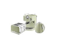 Swan Retro Kitchen Set, 1.5L Fast Boil Kettle & 4 Slice Toaster & Espresso Coffee Machine with Milk Frother, Green, SK19020GN, ST19020GN, SK22110GN