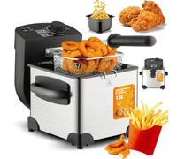 1.5L Stainless Steel Electric Deep Fryer, 2000W, 0-190°C Control | Removable enamel non-stick oil bowl, odour-filter lid, cool-touch basket handles, overheat protection and non-slip feet.