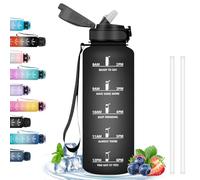1.5L Water Bottle, Leakless Gym Water Bottle, Motivational Water Bottle with Time Scale, Straw Bottle, Easy Clean for Sports, Hiking, Cycling, Fitness, Running, Black