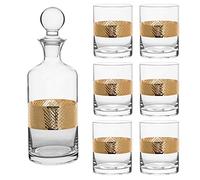 1.5L Whisky Decanter & Set of 6 Embossed Geometric Diamond Relief 400ml Tumblers with Gold Band Finish Glassware Gift Set