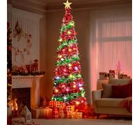 1.5M/5FT Pop Up Christmas Tree, Folding Christmas Tree, Artificial Christmas Tree with Stand, Glittering Perfect Decorations for Birthdays, Parties, Houses, Apartments, Fireplaces (Red Green（Sequin）)