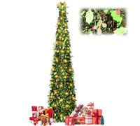1.5m/5Ft Pop Up Christmas Tree with 16.5 Ft String Lights, Artificial Xmas Tinsel Tree Sequin Decoration Tree for Christmas Indoor Outdoor Holiday Party Office Decoration (Red Fruit With Harry Leaf)