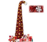 1.5m/5Ft Pop Up Christmas Tree with 16.5 Ft String Lights, Artificial Xmas Tinsel Tree Sequin Decoration Tree for Christmas Indoor Outdoor Holiday Party Office Decoration (Red Crooked Neck Style)