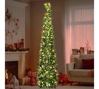 1.5m/5Ft Pop Up Christmas Tree with 16.5 Ft String Lights,Pre Lit Xmas Tree with 50 Led,Artificial Slim Green Tinsel Christmas Tree for Holiday Xmas Decorations,Home Display, Office Decor(Green)