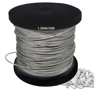 1.5mm 304 Wire Rope Stainless Steel Wire Cable 30m Length 7x7 Cross Section 180kg Breaking Load stainless steel cable with 30 Pcs Aluminum Crimping Clamps Loop Sleeve