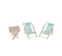 1/6 Dollhouse Miniature Wood Striped Lounge Chairs & Table Beach Set Green
