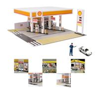 1/64 Scale Shell Gas-Station Building Scene Model, Miniature House Kit (with 1 Figures & 1Cars)
