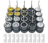 1/64 Wheels and Tires Set - 10 Mixed/Random Rubber Wheel Sets + 10 Extra Axle Sets - No Vehicle Disassembly Needed - Compatible with Hot Wheels & Matchbox