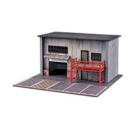 1/64 Wooden American Style Garage Parking Lot Model, Miniature Building Diorama with LED Lights for Car Photography Display, (Figures Cars Not Included)