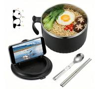 1.6L Rapid Ramen Bowl with Filterable Lid, Stainless Steel Noodle Bowls with Spoon Chopsticks & Cartoon Stickers ,Portable Ramen Cooker with Handle Dishwasher Safe for Office College Dorm(black)