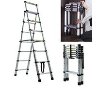 1.7 m + 2 m Extendable Telescopic Ladder, Robust Aluminium Folding Ladder, Telescopic Ladder, A-Frame Step Ladder with 5 + 6 Rungs, 150 kg Load Capacity EN131