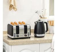 HOMCOM Stainless Steel Kettle and Toaster Set, 1.7L 3000W Rapid Boil Jug Kettle with UK Strix Thermostat, Limescale Filter, 4 Slice Toaster with 7 Browning Controls, Crumb Tray, Black and Silver Tone
