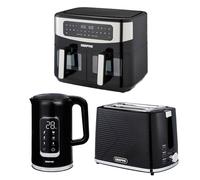 1.7L Digital Electric Kettle 2 Slice Bread Toaster & 9L Dual Zone Air Fryer Kitchen Combo Set Geepas Black One Size