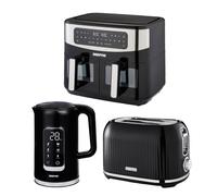 1.7L Digital Electric Kettle 2 Slice Bread Toaster & 9L Dual Zone Air Fryer Kitchen Combo Set Geepas Black One Size