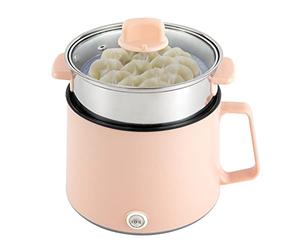 1.7L Electric Cooker 17 * 17 * 25CM Dual Power 300/600W Multi-Use Lid Multi-Functional Electric Hot Pot with Steamer, Non-Stick Mini Electrics Cooker for Noodles, Soup, Porridge (Pink)