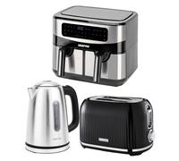 1.7L Illuminating Electric Kettle 2 Slice Bread Toaster & 9L Dual Zone Air Fryer Combo Kitchen Set Geepas Black One Size