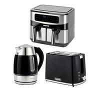 1.7L Illuminating Electric Kettle 2 Slice Bread Toaster & 9L Dual Zone Air Fryer Kitchen Combo Set Geepas Black One Size