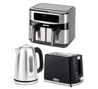 1.7L Illuminating Kettle 2 Slice Toaster & 9L Dual Zone Air Fryer Kitchen Set Geepas Metallic Silver One Size