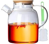 1.8 L Glass Teapot with Wooden Lid, Teapot with Strainer Insert, Heat-Resistant High Borosilicate with Removable Filter, Elegant and Modern Teapot Design for Tea, Flower Tea and Juice