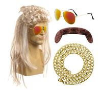 1 80's Men's Wig, 1 Men's Fake Beard, 1 Sunglasses, 1 Chain, 80's Men's Accessories, Men's Dress up Clothing Set