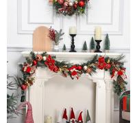 1.8M/6FT Christmas Garland with Lights, Pre Lit Christmas Decorations with LED Lights and Bow Pine Cones Berries for Xmas Tree Front Door Stairs Mantle Fireplace Home Holiday Decor, Xmas Decor