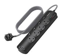 1.8M Extension Lead, 4 Way Socket Outlets Power Strips with 4 USB, 1050J Surge Protection Multi Plug Extension with Braided Extension Cable for Home, Office, Individually Switched, Black