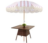 1.8m Garden Pink White Striped Sunshade Tassel Beach Umbrella Large Round Parasol Outdoor Picnic/Garden/Patio/Sunshade, Foldable/tiltable