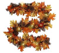 1.8m Pinecone Maple Autumn Garland with LED Light, DIY Artificial Fall Maple Leaf Garland with Pinecone, Thanksgiving Halloween Christmas Hanging Maple Leaf Garland for Front Door Fireplace Wall