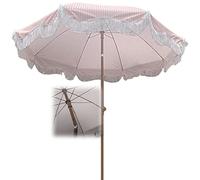 1.8m Round Garden Umbrella-tiltable-Foldable-Height Adjustable, Pink White Striped Parasol with Tassel, Outdoor Beach Umbrella-Without Base, UV Protection, Pool/Terrace/Balcony