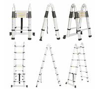 1.9m+1.9m Folding Telescopic Ladders EN131, Portable Extendable Ladder w/Stabilizer, Stainless Steel Telescoping Ladder A-Frame Straight Ladder Loft Home Office Outdoors Max Capacity 330LB